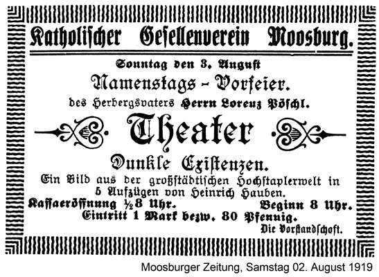 Anzeige des Kath. Gesellenverein Moosburg, Theater am 02. August 1919