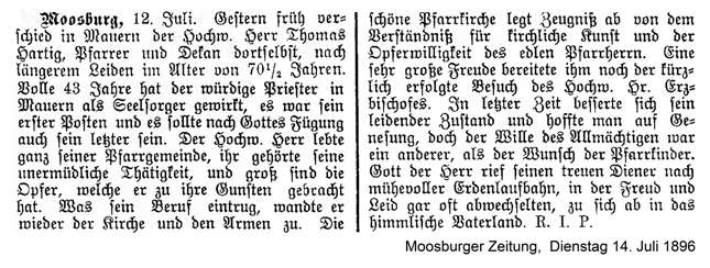 Pfarrer Thomas Hartig verstorben, MZ 14.07.1896
