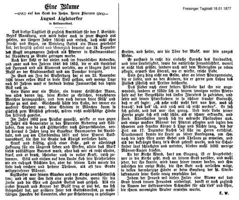Nachruf Pfarrer Augustin Aiglstorfer *22.11.1826 †17.12.1876 im Freisinger Tagblatt