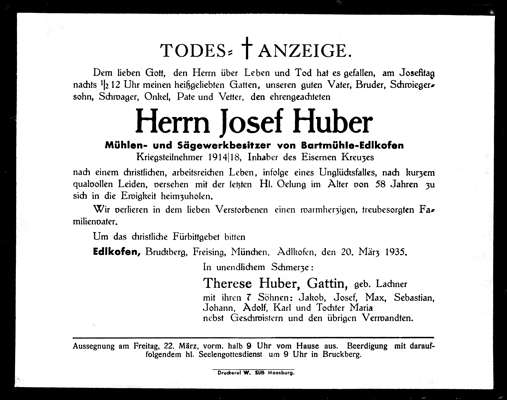 Todesanzeige 1935 Josef Huber *1877 †20.03.1935 M�hlen- und S�gewerkbesitzer von Bartm�hle - Edlkofen