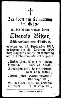 Sterbebildchen 1920 Therese Bitzer *22.09.1867 †21.02.1920 G�tlerswitwe von Thulbach