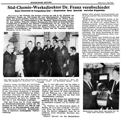 S�d Chemie Werksdirektor Dr. Franz verabschiedet MZ 01.05.1968