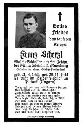 Sterbebildchen Franz Scherzl *21.04.1925 †26.11.1944