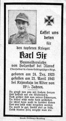 Sterbebildchen Karl Six *24.12.1923 †21.04.1943 Baumeisterssohn von Holzerhof 