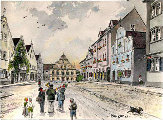 Herrnstrasse, Aquarell von Valentin Ott 1938