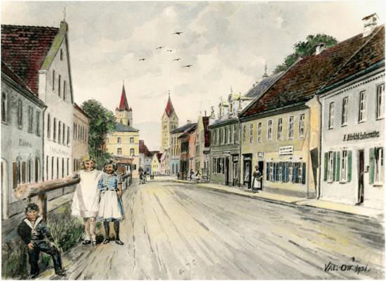 M�nchnerstrasse, Aquarell von Valentin Ott 1936