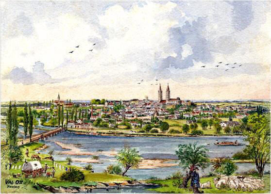 Moosburg von der Isar aus gesehen, Aquarell von Valentin Ott