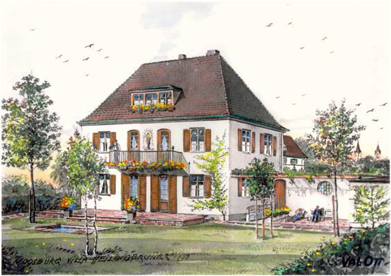 Dr.-Schels-Strasse, Heilingbrunner-Villa, Aquarell von Valentin Ott 1928