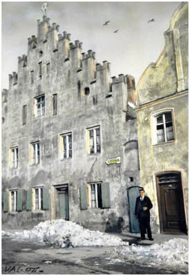 Auf dem Gries, colorierte Photographie von Valentin Ott um 1940