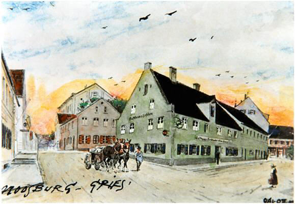 Gasthof zum Hirschen, Weingraben Ecke Gries, Aquarell Valentin Ott