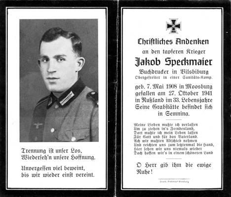 Moosburg Sterbebildchen Jakob Speckmaier, 1941