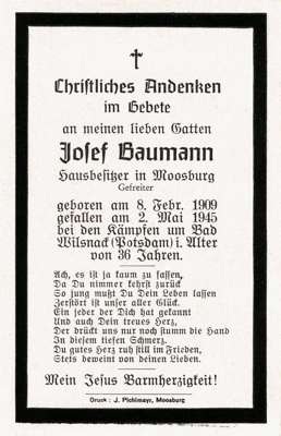 Moosburg Sterbebildchen Josef Baumann, *1909 †1945
