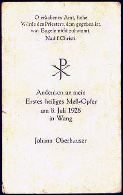 Andenken an die erste hl. Messe von Johann Oberhauser, 8. Juli 1928