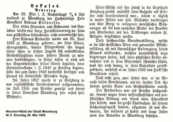 Nachruf auf Benefiziat Andreas Kleidorfer *1825 †1865