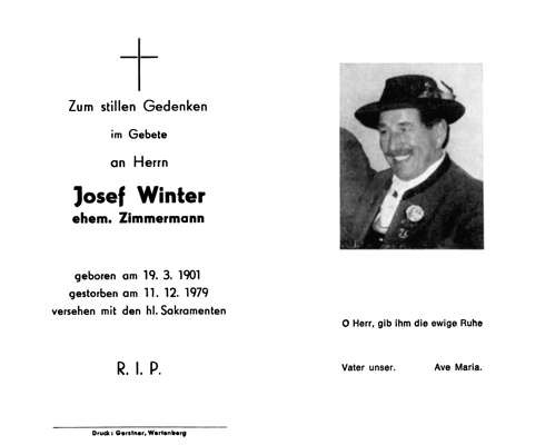 Sterbebildchen Sepp Winter *19.03.1901 �11.12.1979