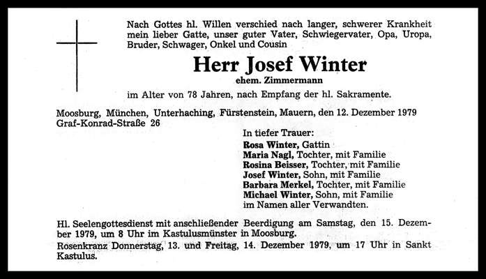 Todesanzeige Sepp Winter *19.03.1901 �11.12.1979