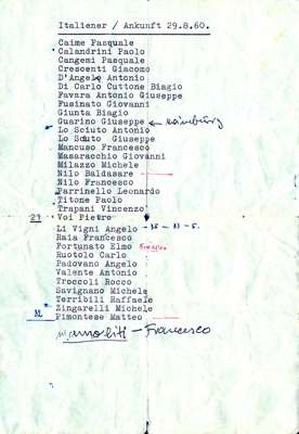 29. August 1960, Liste der ersten italienischen Gastarbeiter in Moosburg