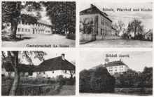 Postkarte 1929, Ausschnitte Gastwirtschaft La Ros�e, Schule, Pfarrhof und Kirche, Ligeder, Schlo� Isareck