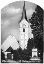 Pfarrkirche Volkmannsdorf mit Kriegerdenkmal, Postkarte um 1930