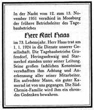 1951 - Nachruf Karl Haas, ehemaliger Betriebsleiter Tagebau