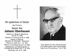 Sterbebildchen Geistl. Rat Johann Oberhauser, *16.12.1903 †18.09.1983