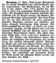 Rauchklub f�hrt Theater-Praxis fort, MZ Dienstag 1. April 1919