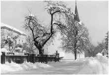Blick zur Kirche Volkmannsdorf, Winter 1961