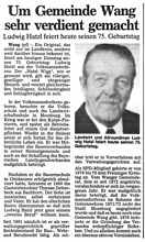 Ludwig Hatzl feiert heute seinen 75. Geburtstag, Zeitung Dienstag 19. Februar 1991