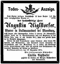 Todesanzeige Pfarrer Augustin Aiglstorfer *22.11.1826 †17.12.1876