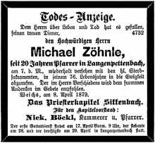 Todesanzeige Pfarrer Michael Z�hnle *23.03.1854 †07.04.1879