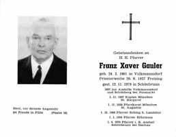 Sterbebildchen Pfarrer Franz Xaver Gauler *24.02.1901 †12.11.1978