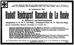 Todesanzeige Rudolf Reichsgraf Basselet de La Ros�e *1879 †1914