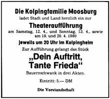Anzeige KGV Theater „Dein Auftritt Tante Frieda“ MZ 09.04.1980