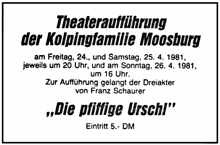 Anzeige KGV Theater „Die pfiffige Urschl“ 1981