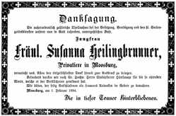 Danksagung Frl. Susanna Heilingbrunner *25.06.1823 †31.12.1893