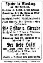 Anzeige Theater in Moosburg im P�schlsaale, MZ Samstag 11. Januar 1919
