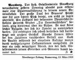 Der kath. Gesellenverein jetzt erstmals Theaterauff�hrung im Saal von P�schl-Br�u, MZ Donnerstag 13. M�rz 1919