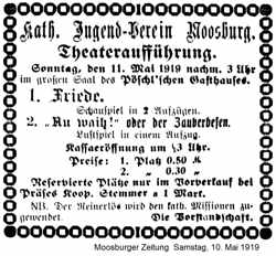 Anzeige des Kath. Jugend-Verein Theaterauff�hrung am 11. Mai 1919