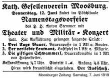Anzeige des Kath. Gesellenverein Mossburg, Namenstagsvorfeier, Theater und Milit�r-Konzert am 12. Juni 1919