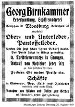 1919 - Anzeige Lederhandlung, Sch�ftemacherei Georg Birnkammer