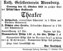 Anzeige des Kath. Gesellenverein Mossburg, Theater am 12. Oktober 1919