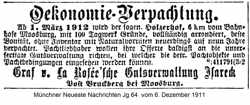 Oekonomie-Verpachtung durch Graf v. La Ros�e'sche Gutsverwaltung 1911