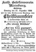 Anzeige des Kath. Gesellenverein Moosburg, Christbaumfeier mit Verlosung und Theater am 27. Dezember 1896