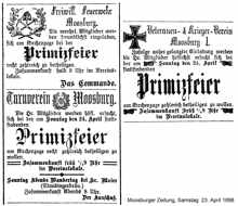 Einladung der Vereine zur Primizfeier von Pater Johannes Neumayr in Moosburg am 24. April 1898