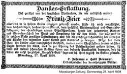 Dankes-Erstattung von Pater Johannes Neumayr amn 28. April 1898