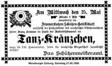 Zimmerstutzen-Sch�tzen-Gesellschaft veranstaltet ein Tanzkr�nzchen, MZ 21.05.1898