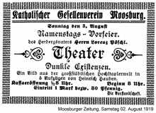 Anzeige des Kath. Gesellenverein Moosburg, Theater am 02. August 1919