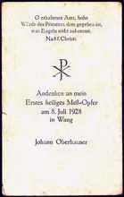 Andenken an die erste hl. Messe von Johann Oberhauser, 8. Juli 1928